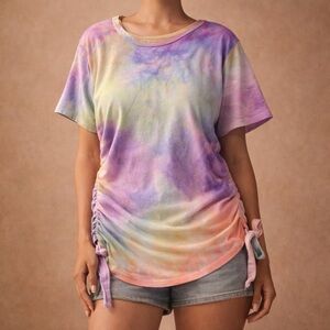 Forever Rose Pastel Tie-Dye Ruched Top – Size Medium – Adjustable Sides